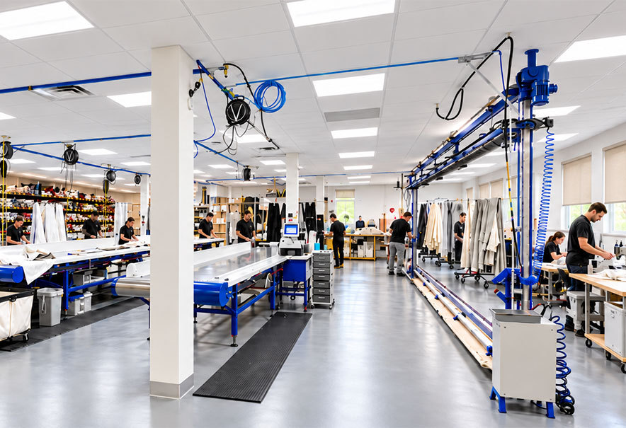 Artisans working at cutting, sewing and finishing stations in the Regal Drapes Morristown workroom.