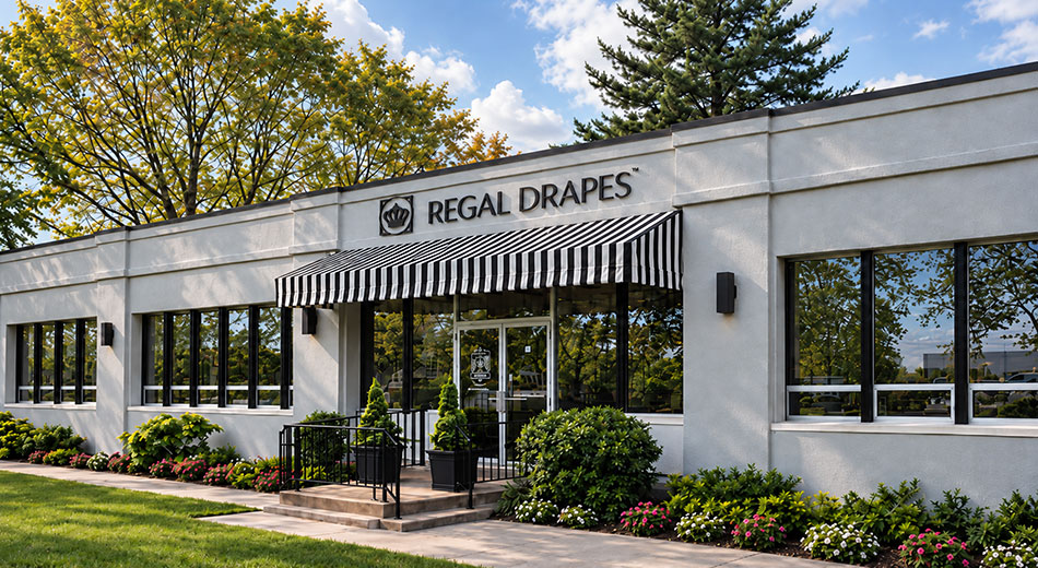 Regal Drapes headquarters and workroom in Morristown, New Jersey, with its signed entrance and striped awning.