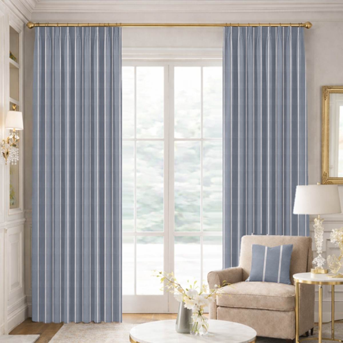 Custom Tailored Pleat Drapes in Premium Taffeta Silk with Satin Stripe - Slate