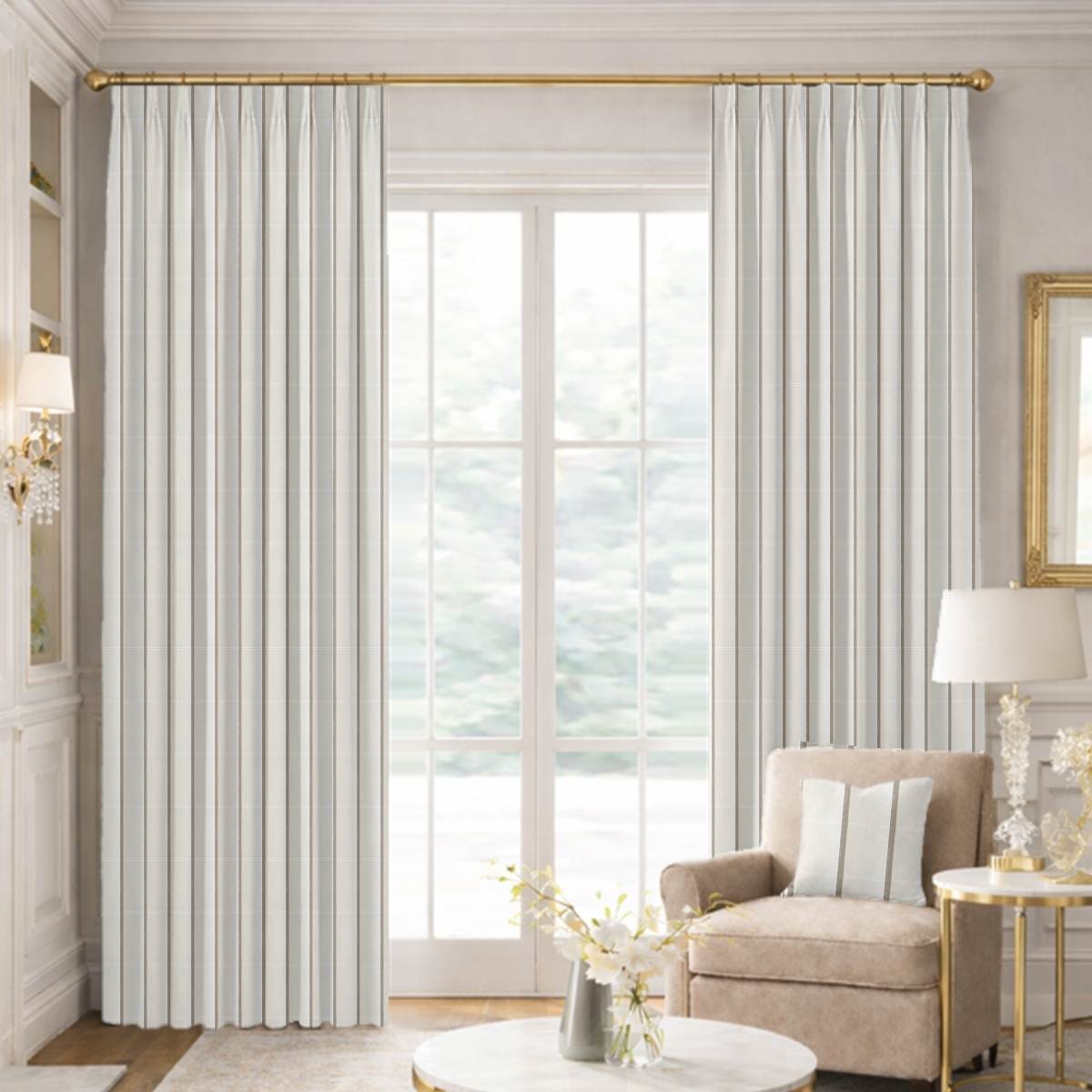 Custom Tailored Pleat Drapes in Premium Taffeta Silk with Satin Stripe - Pearl