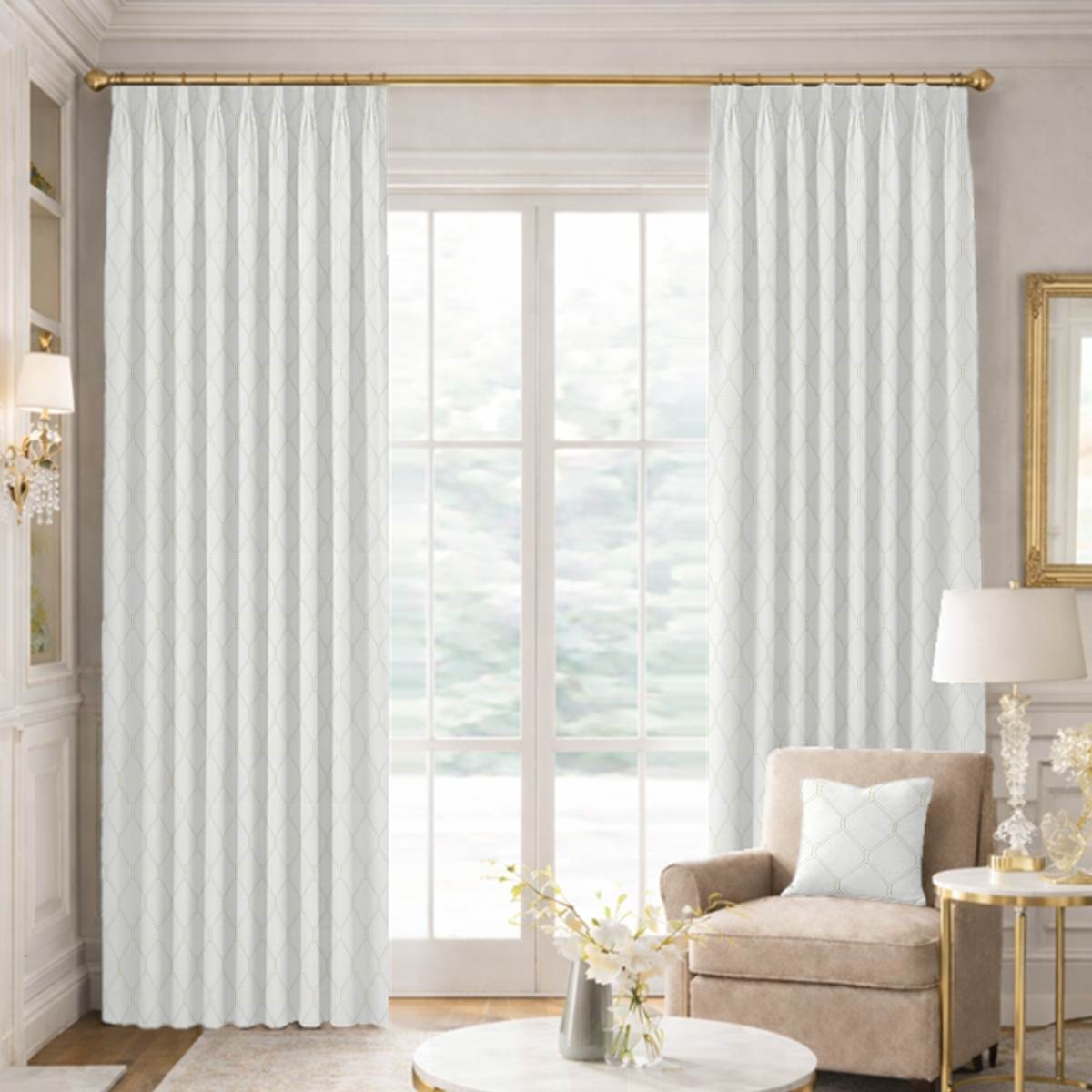 Custom Tailored Pleat Drapes in Rialto -White