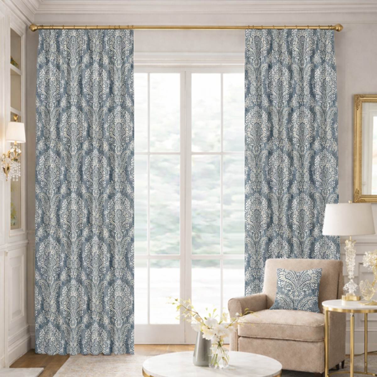 Custom Tailored Pleat Drapes in Damasco - Denim