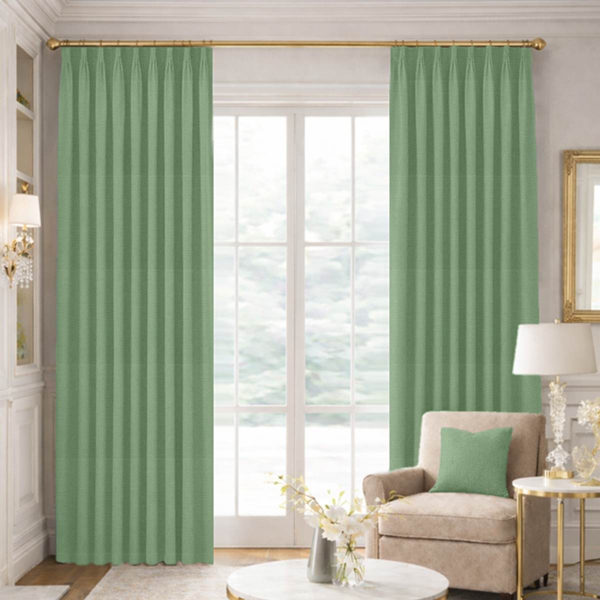 Custom Tailored Pleat Drapes in Woven Cotton - Cactus