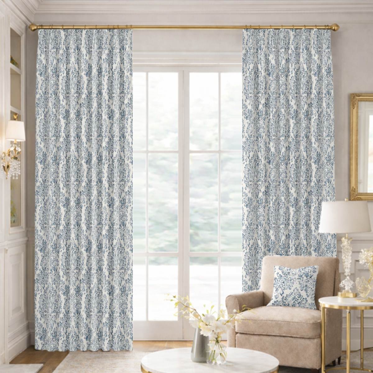 Custom Tailored Pleat Drapes in Villa - Santorini Blue