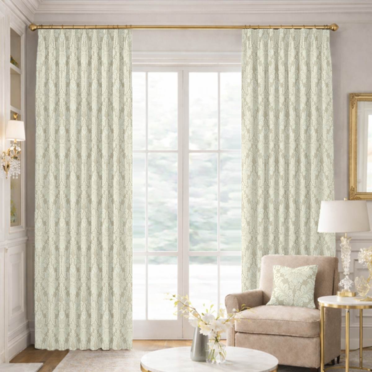 Custom Tailored Pleat Drapes in Marquis Flax