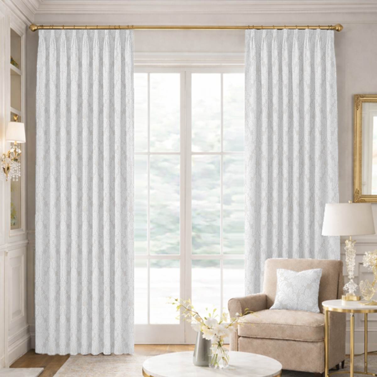 Custom Tailored Pleat Drapes in Marquis Pearl