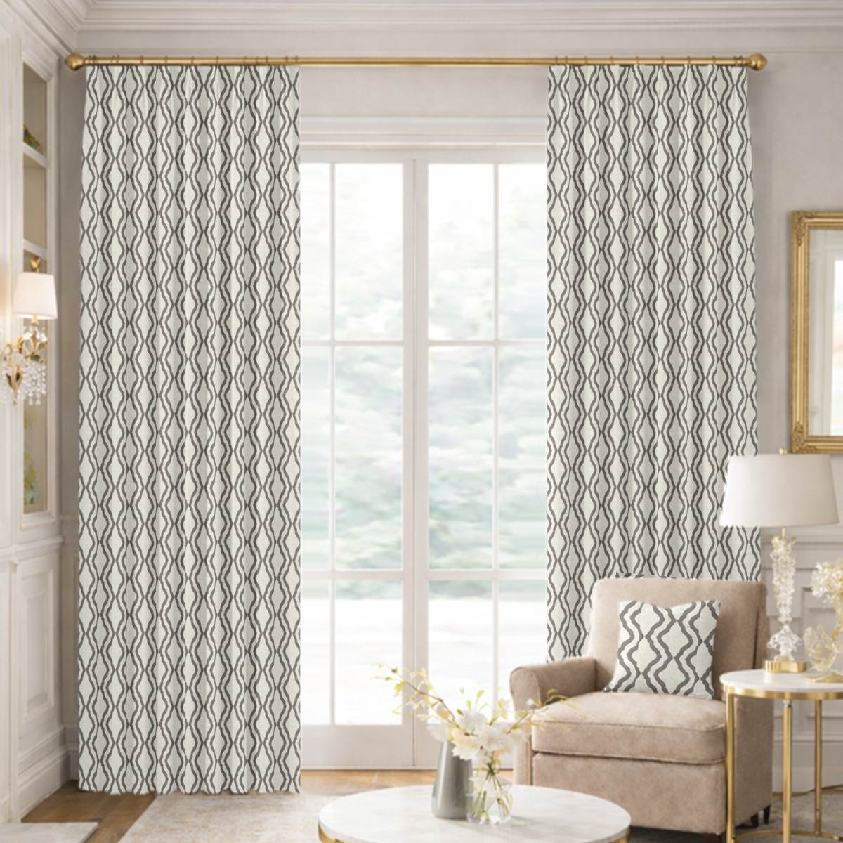 Custom Tailored Pleat Drapes in Flusso Stone