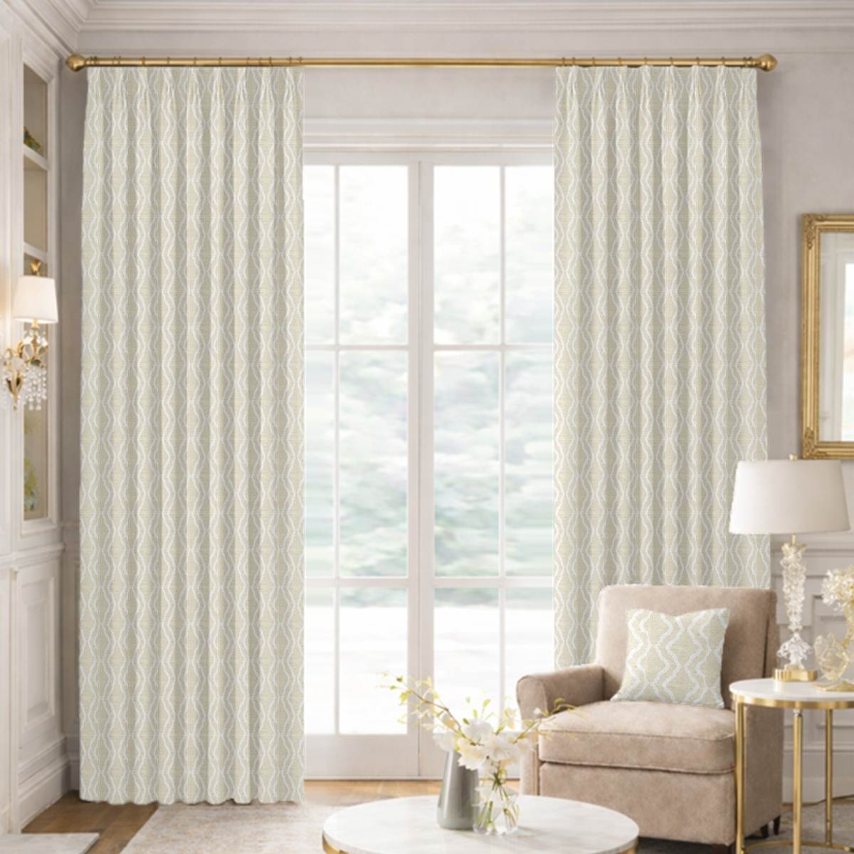 Custom Tailored Pleat Drapes in Flusso Bone