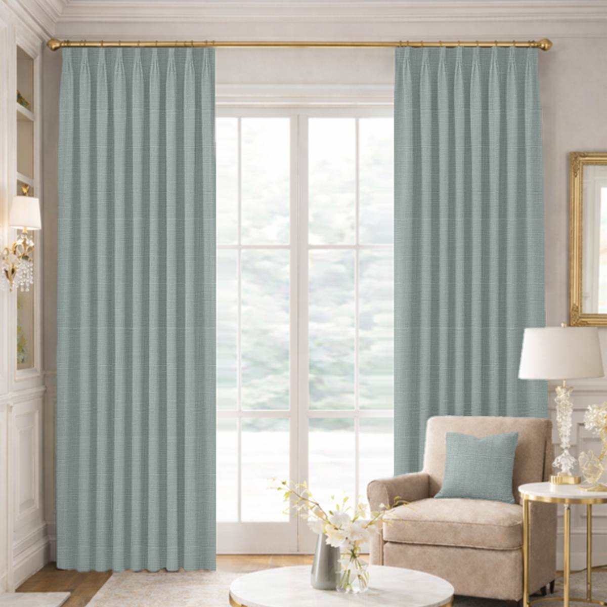 Custom Tailored Pleat Drapes in Genuine Belgian Linen - Seafoam