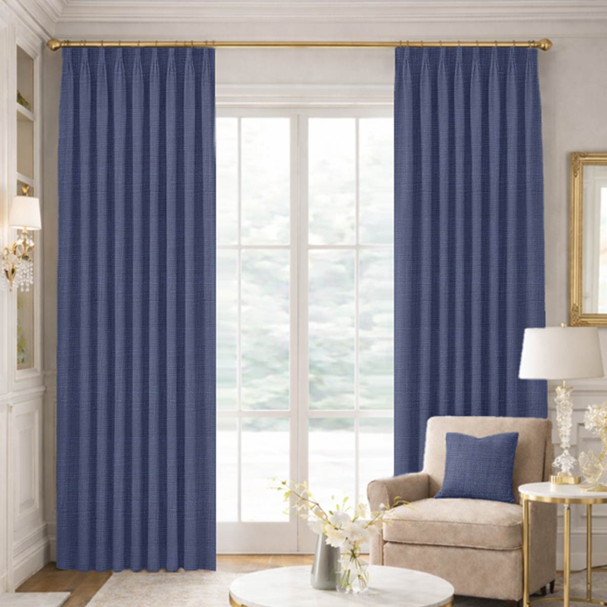 Custom Tailored Pleat Drapes in Genuine Belgian Linen - Indigo Blue