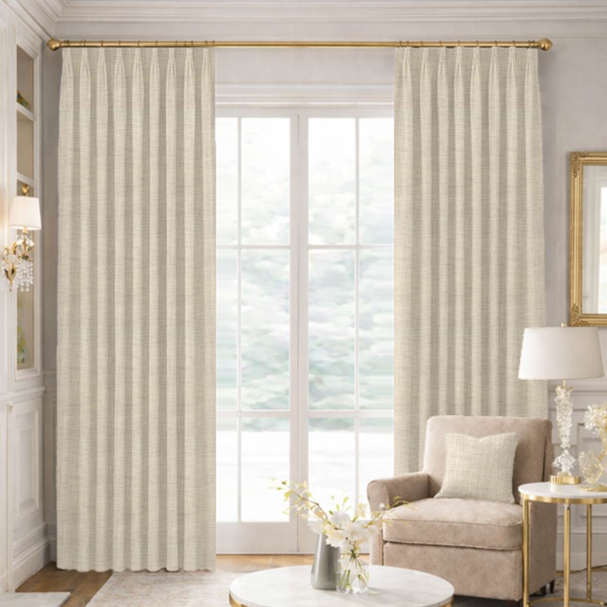 Custom Tailored Pleat Drapes in Portofino Flax