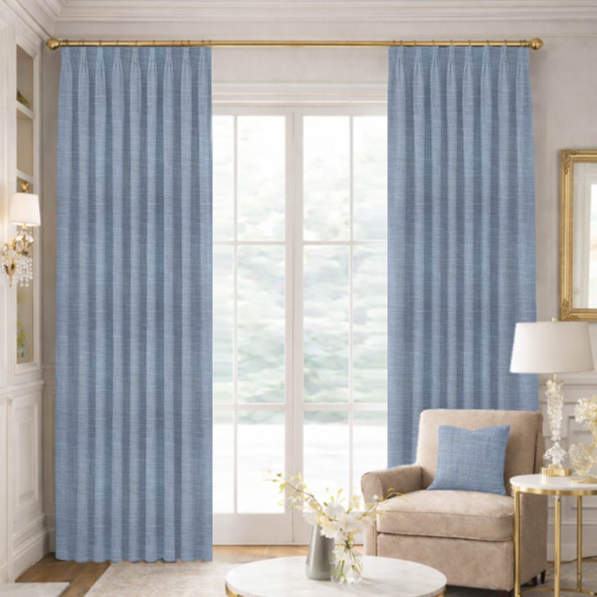 Custom Tailored Pleat Drapes in Portofino Dream Blue