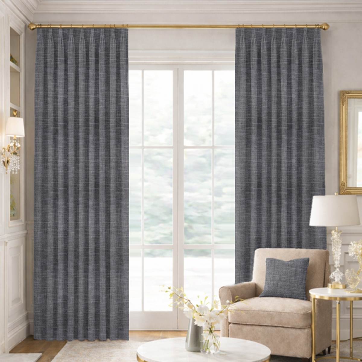 Custom Tailored Pleat Drapes in Portofino Kohl