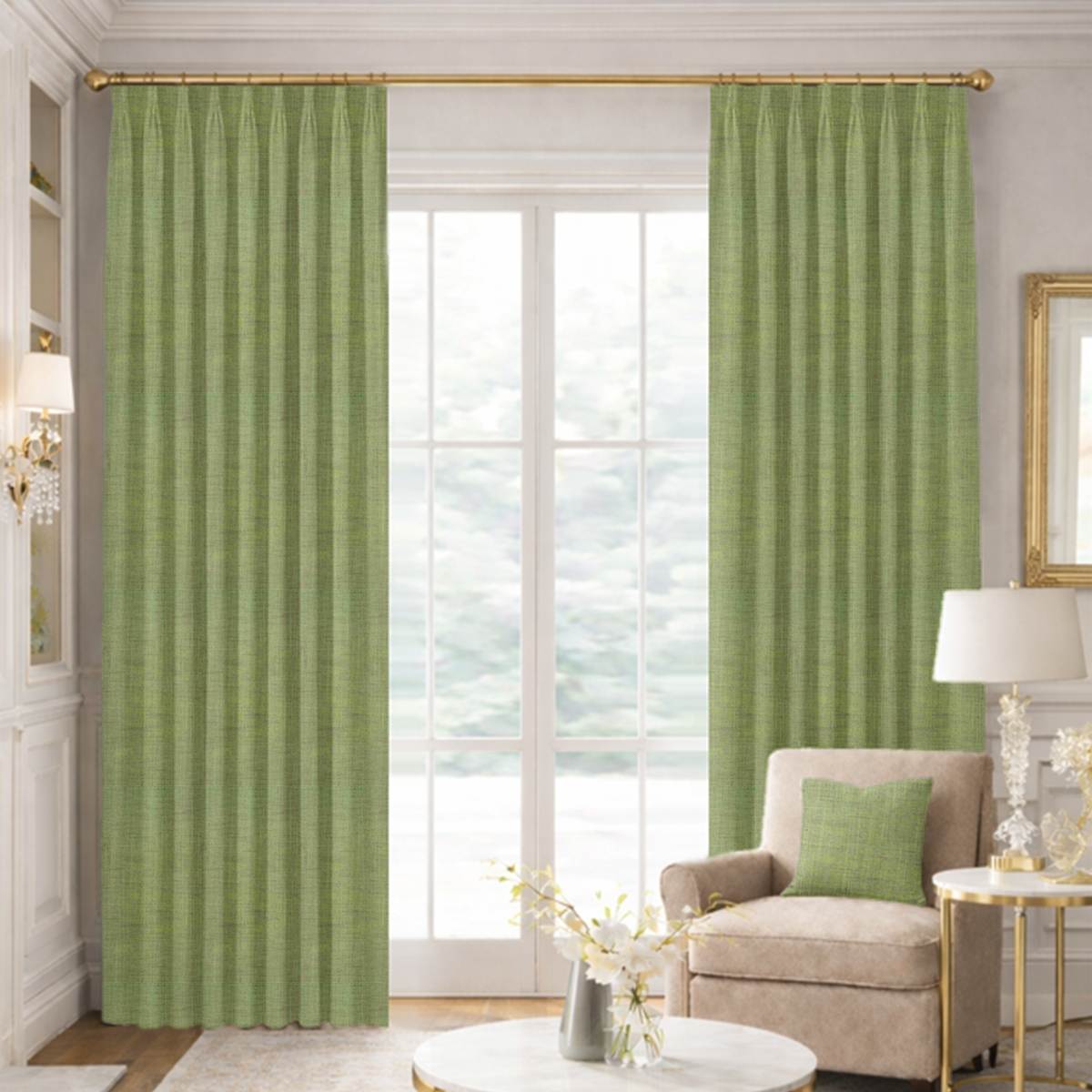 Custom Tailored Pleat Drapes in Portofino Palm