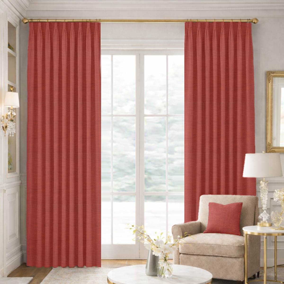 Custom Tailored Pleat Drapes in Portofino Moroccan Red