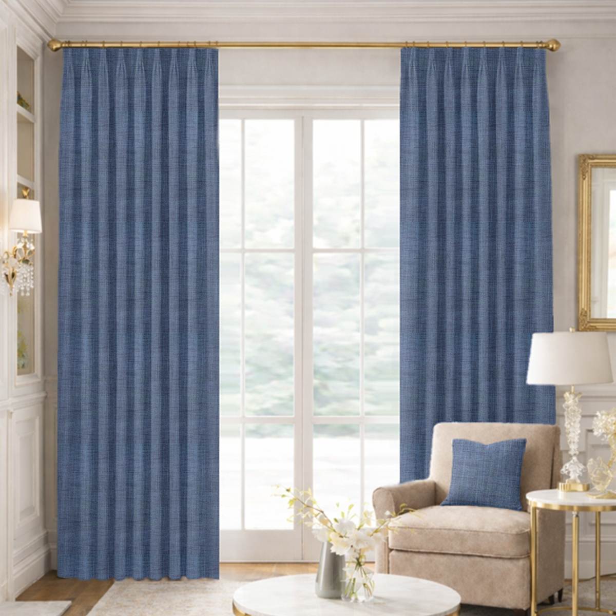 Custom Tailored Pleat Drapes in Portofino Denim