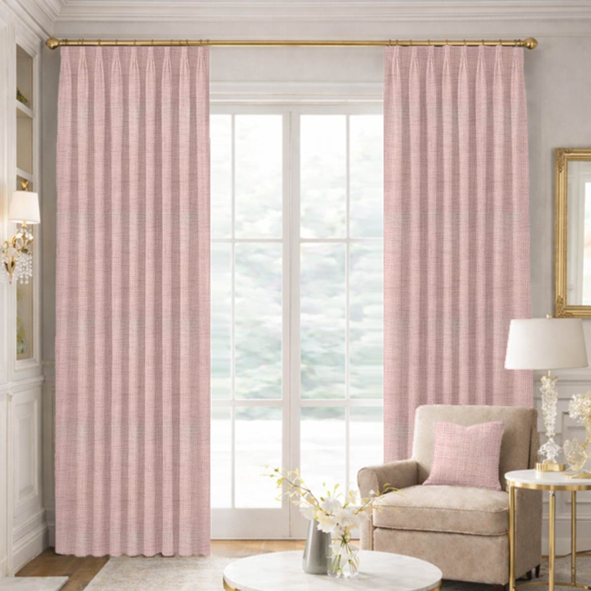 Custom Tailored Pleat Drapes in Portofino Blush
