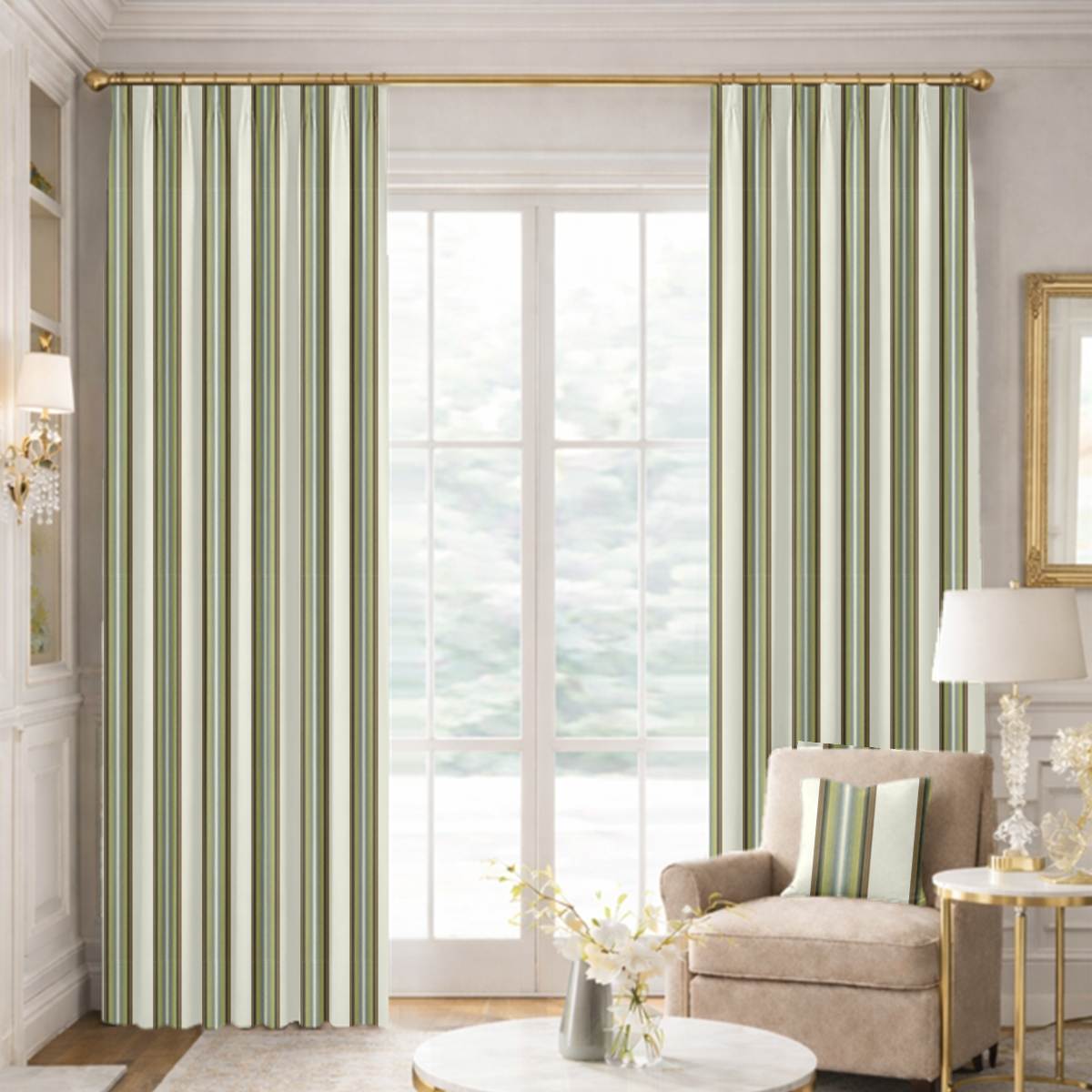 Custom Tailored Pleat Drapes in Premium Striped Taffeta Silk - Golden