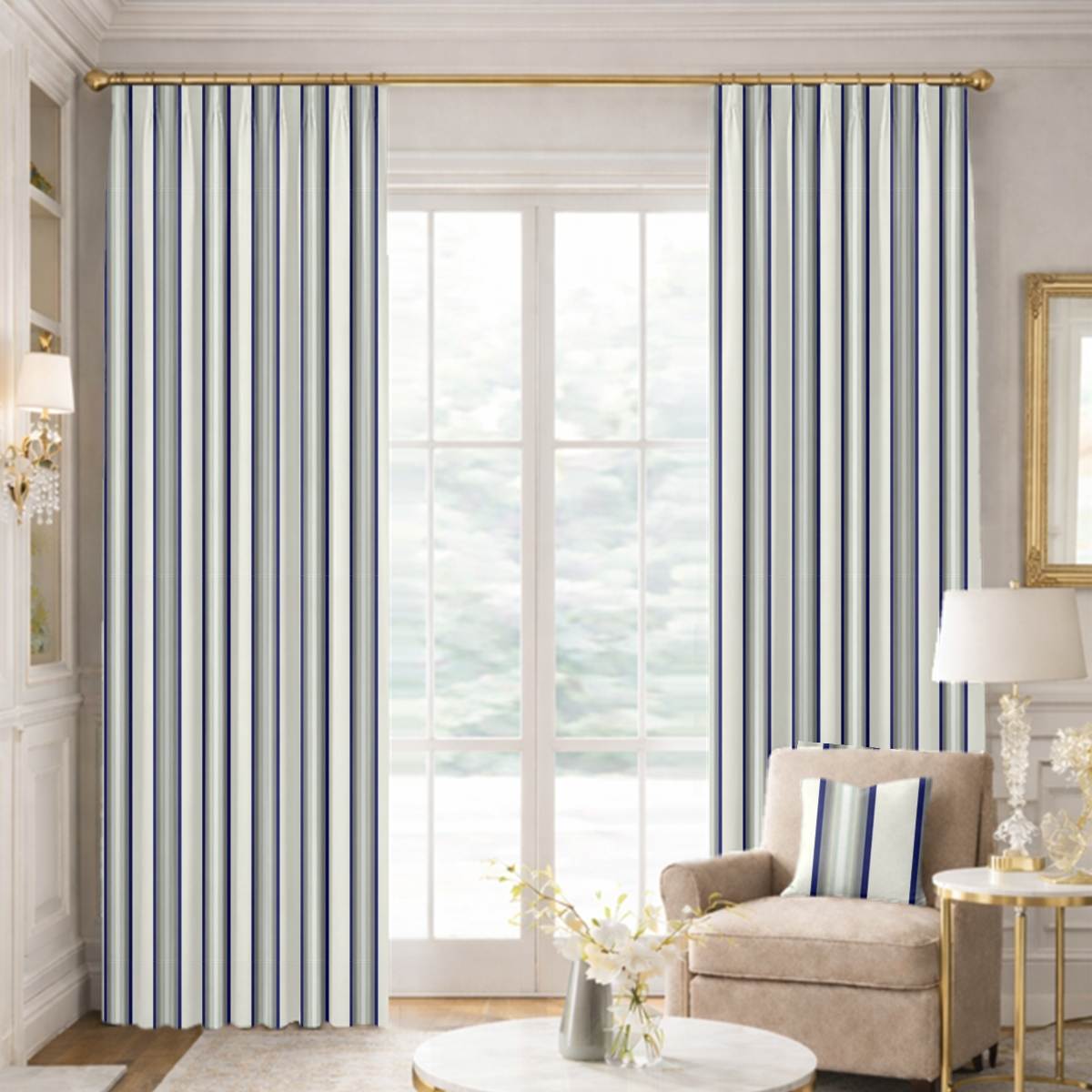Custom Tailored Pleat Drapes in Premium Striped Taffeta Silk - Blue