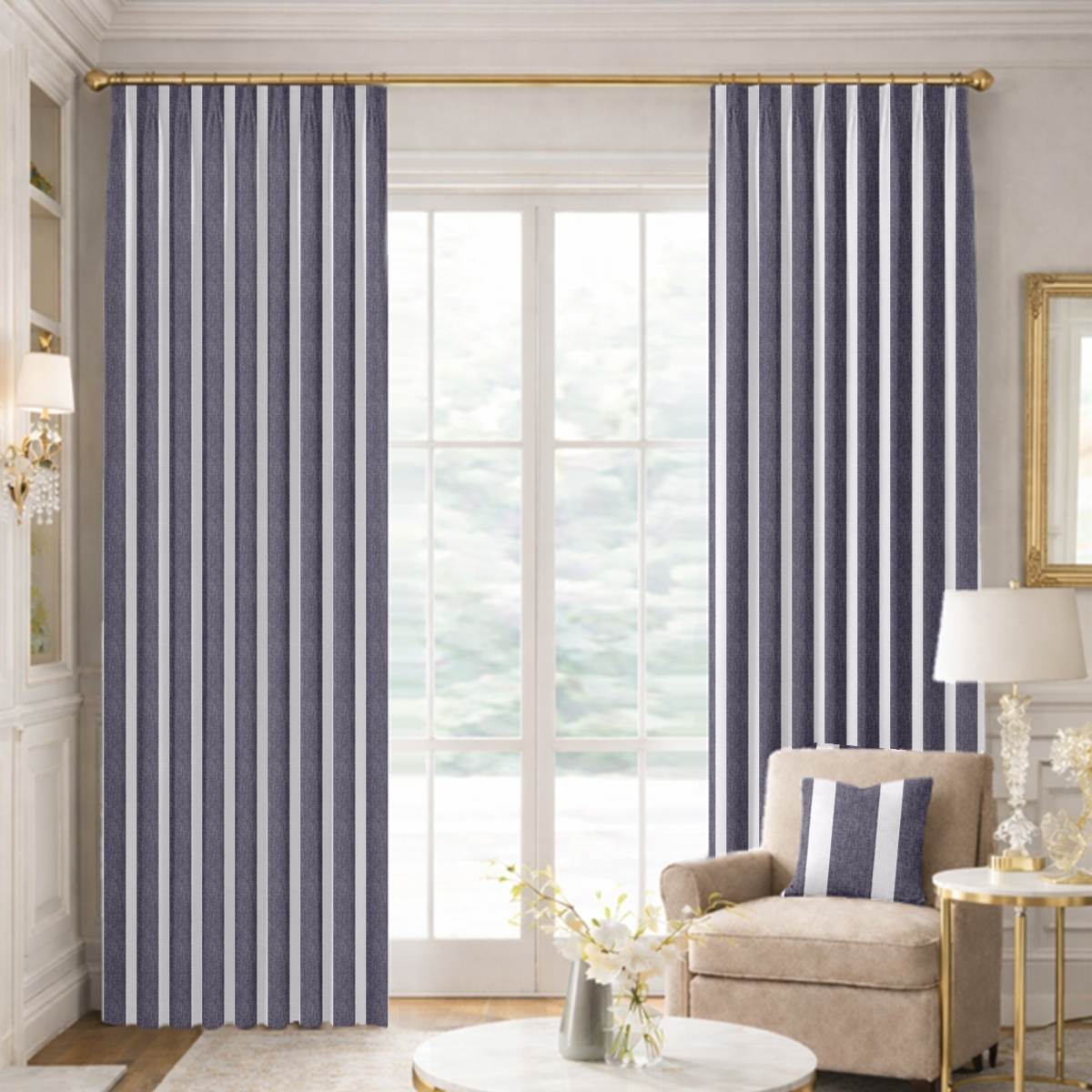 Custom Tailored Pleat Drapes in Fernweave Navy