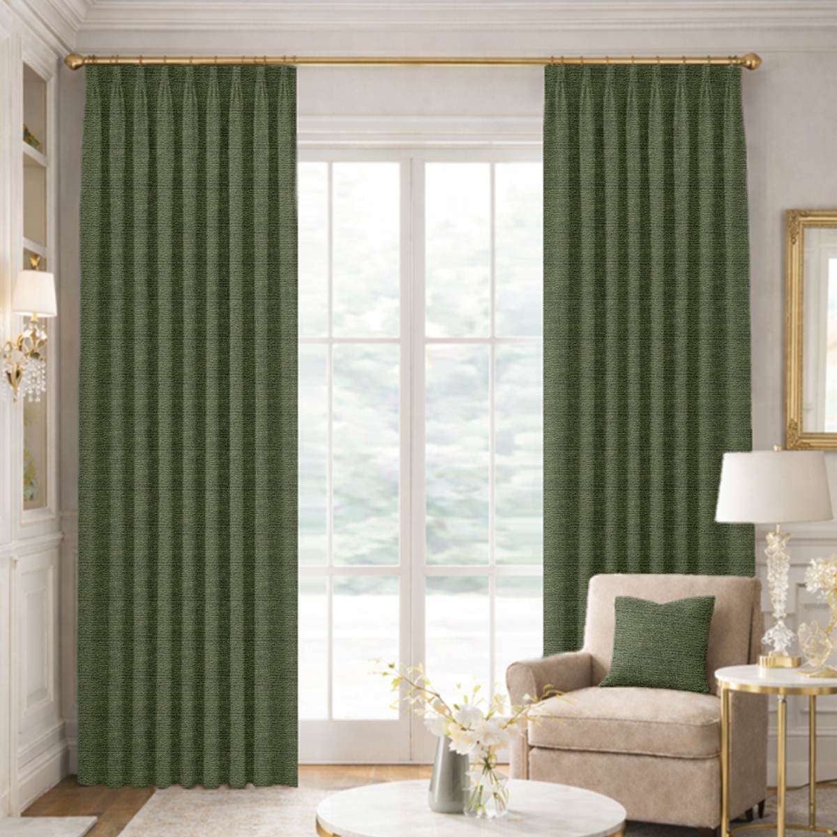 Custom Tailored Pleat Drapes in Premium Raw Silk Green