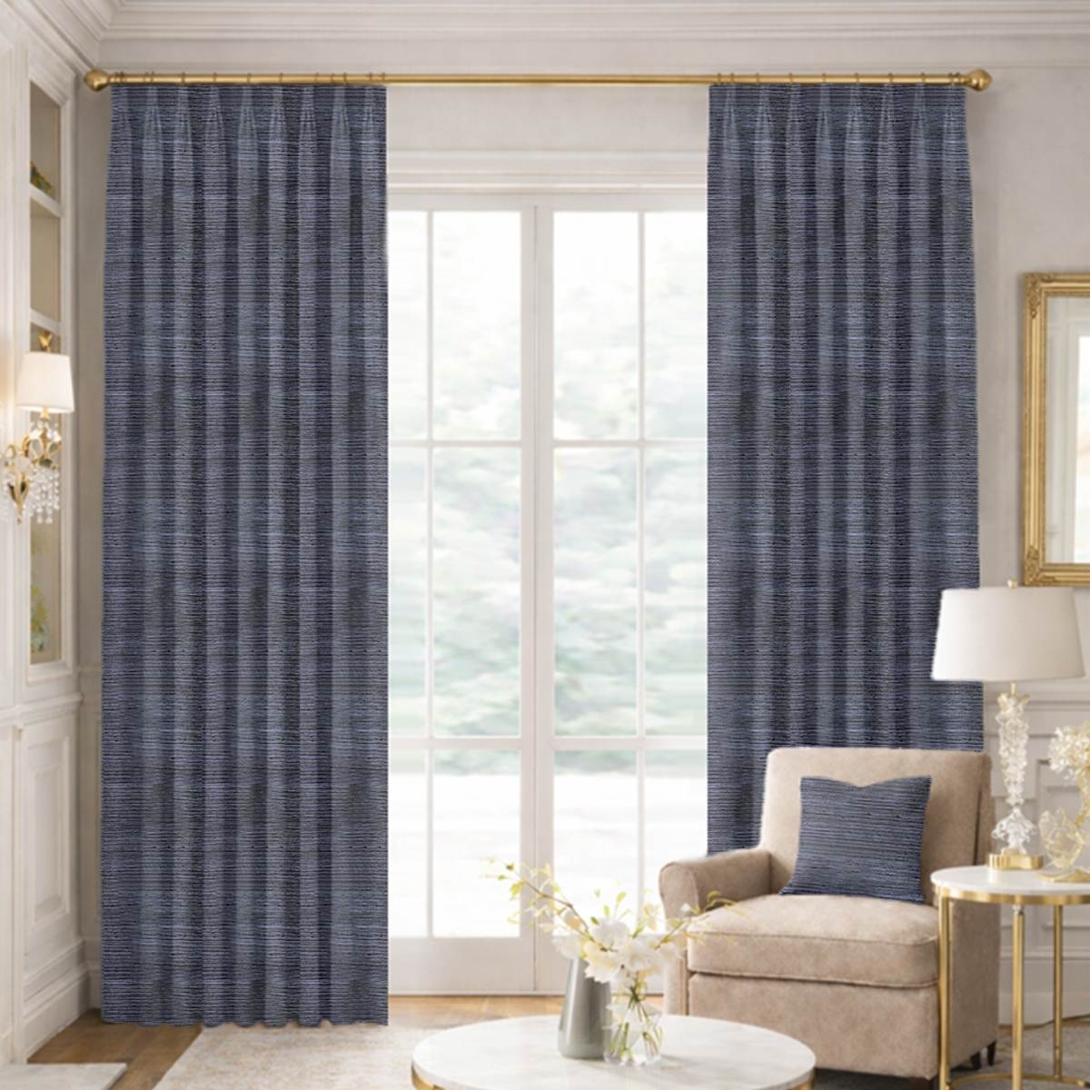 Custom Tailored Pleat Drapes in Premium Raw Silk Navy
