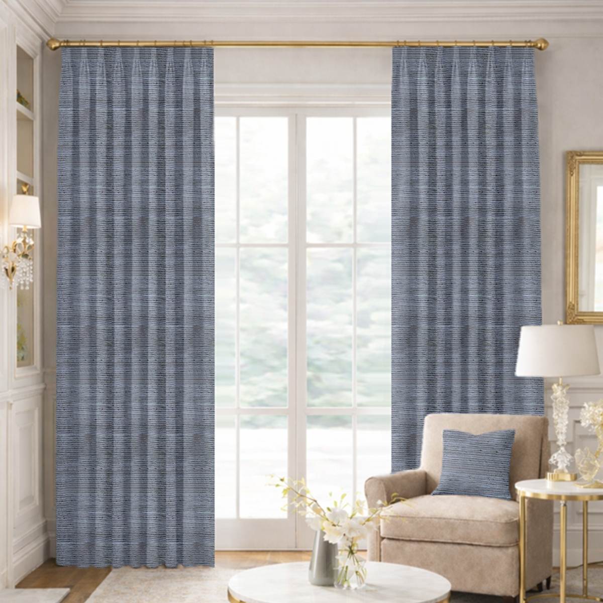Custom Tailored Pleat Drapes in Premium Raw Silk Sky