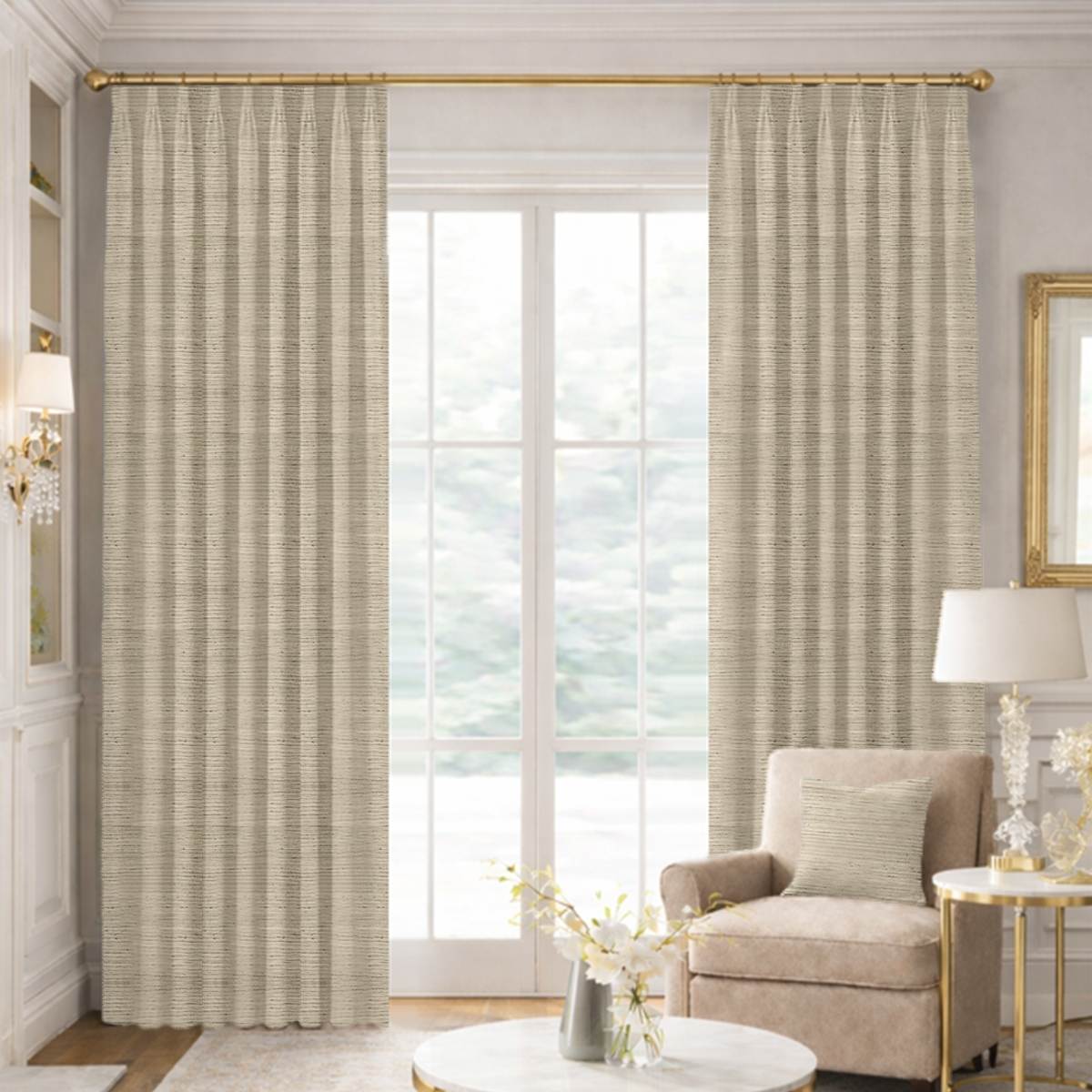 Custom Tailored Pleat Drapes in Premium Raw Silk Beige