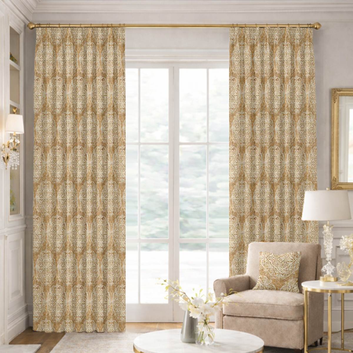 Custom Tailored Pleat Drapes in Bristol Gold