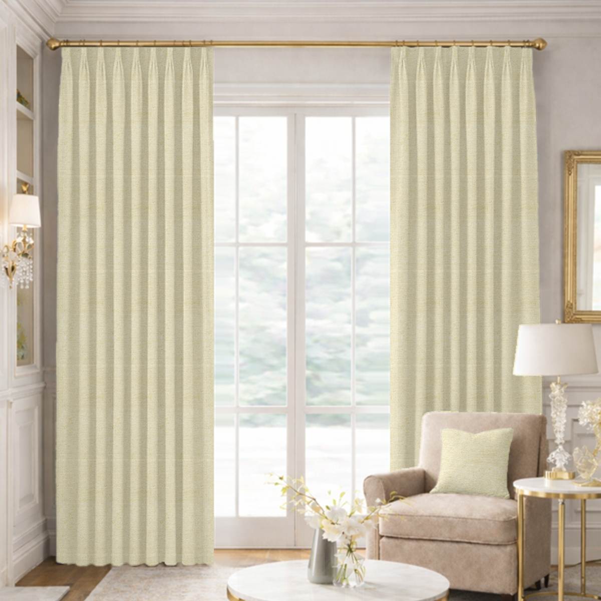 Custom Tailored Pleat Drapes in Woven Cotton - Blanched Almond