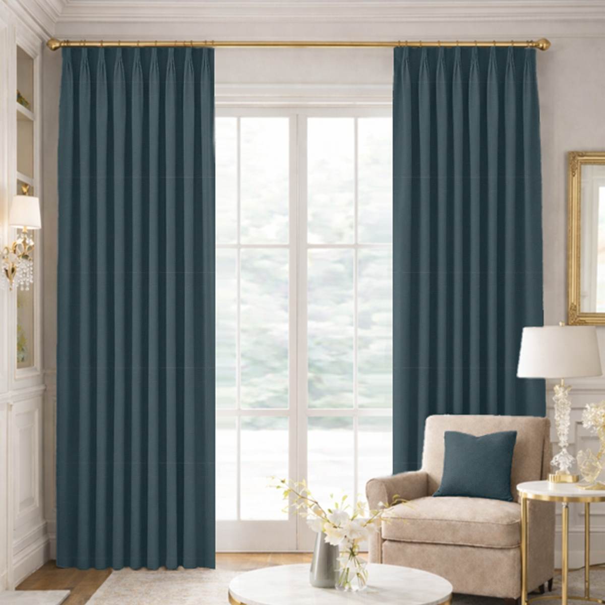 Custom Tailored Pleat Drapes in Woven Cotton - Deep Sea Blue