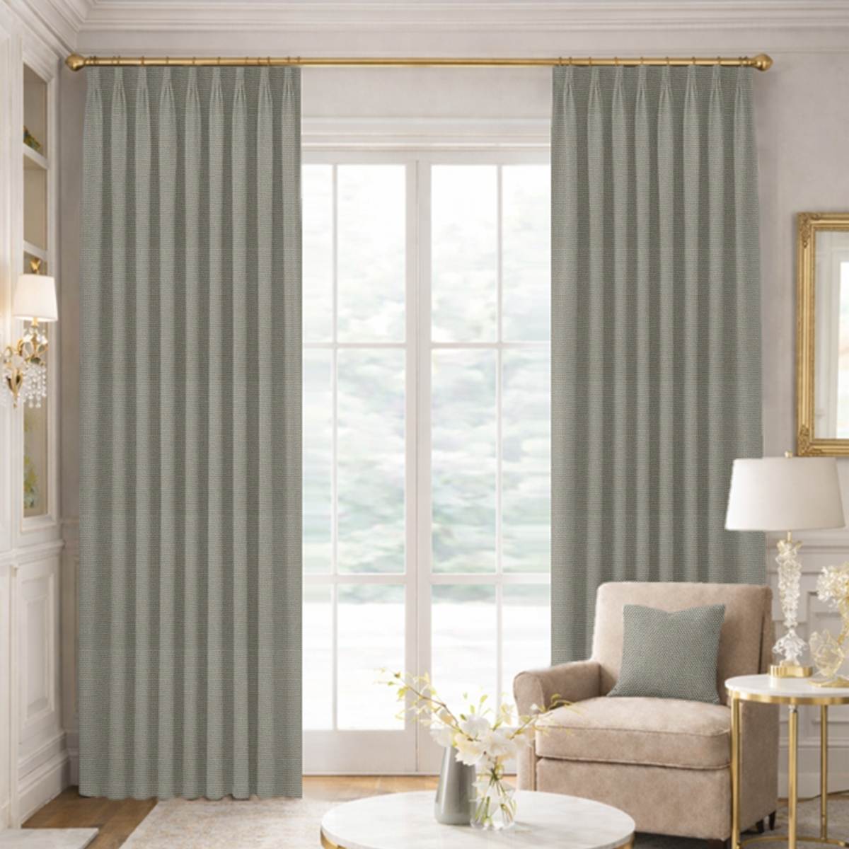 Custom Tailored Pleat Drapes in Woven Cotton - Stone Grey