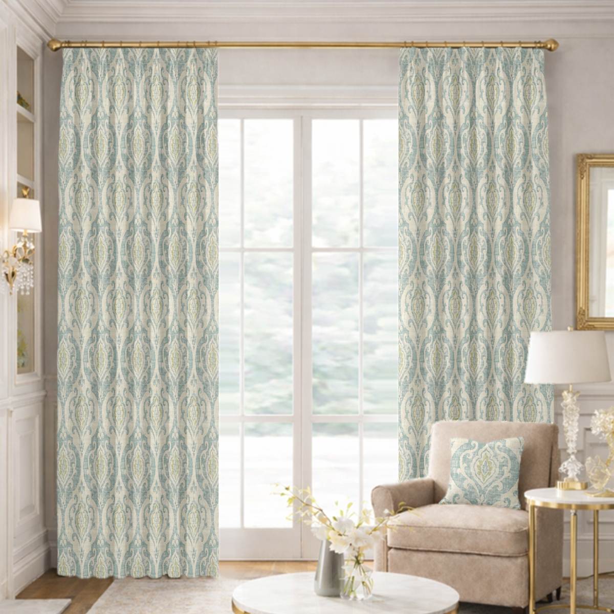 Custom Tailored Pleat Drapes in Aiden Serenity