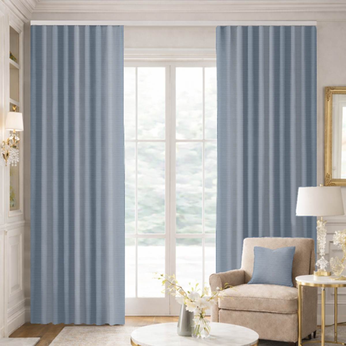 Custom Ripple Fold Drapes in Premium Silk Dupioni - Steel Blue