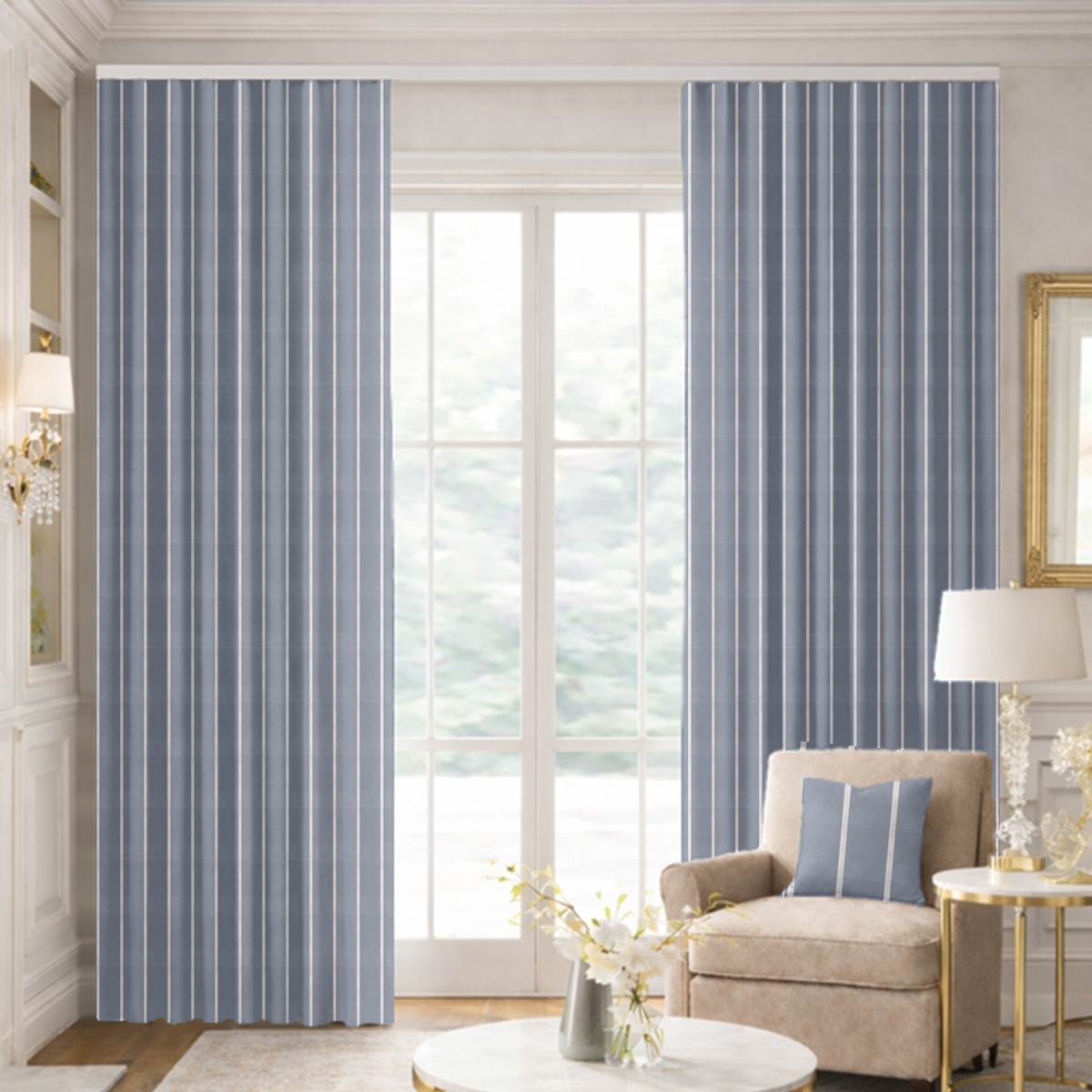 Custom Ripple Fold Drapes in Premium Taffeta Silk with Satin Stripe - Slate