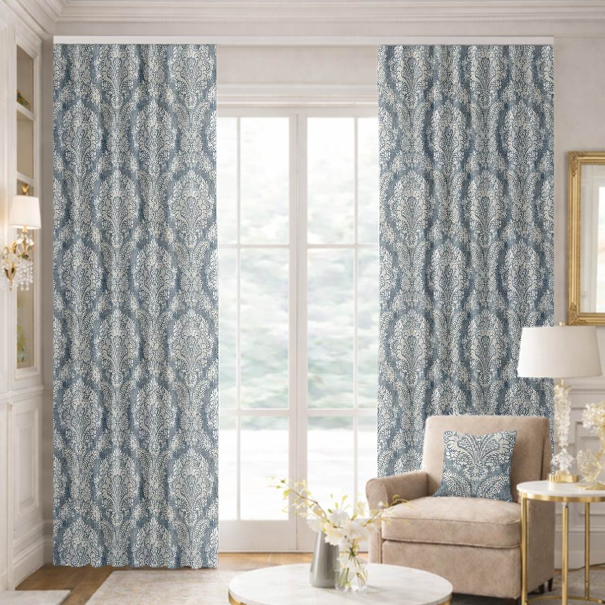 Custom Ripple Fold Drapes in Damasco - Denim