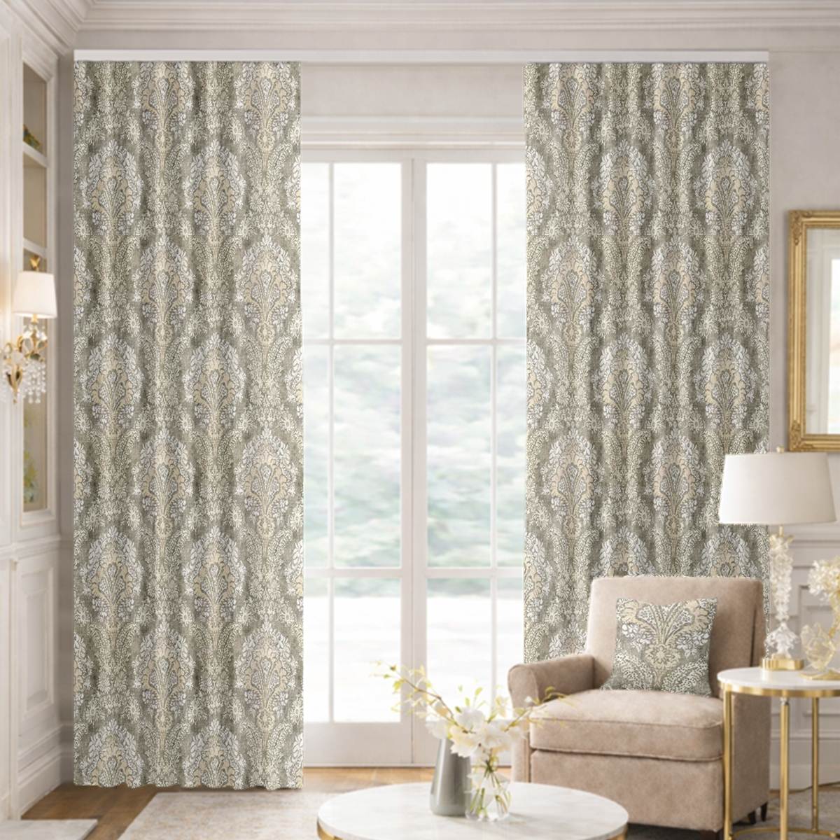 Custom Ripple Fold Drapes in Damasco - Stone