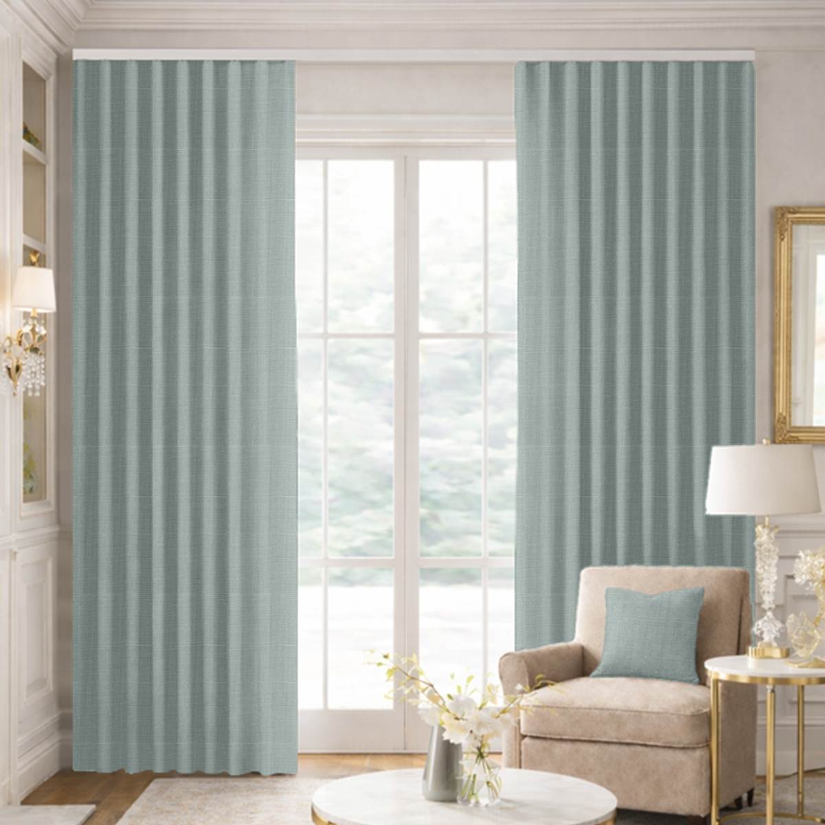 Custom Ripple Fold Drapes in Genuine Belgian Linen - Seafoam