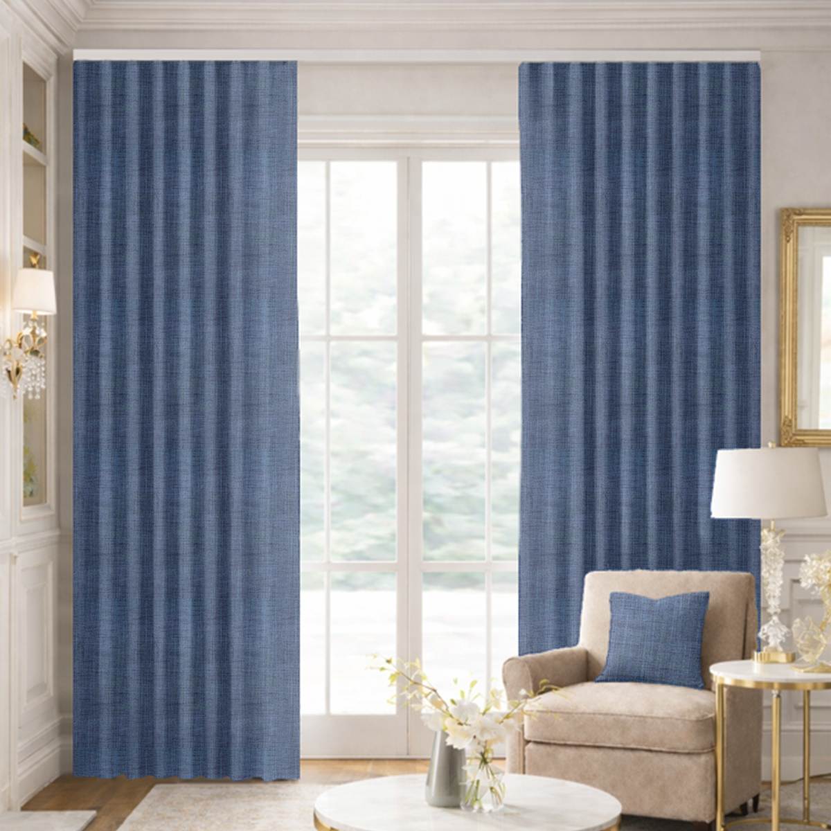 Custom Ripple Fold Drapes in Portofino Denim