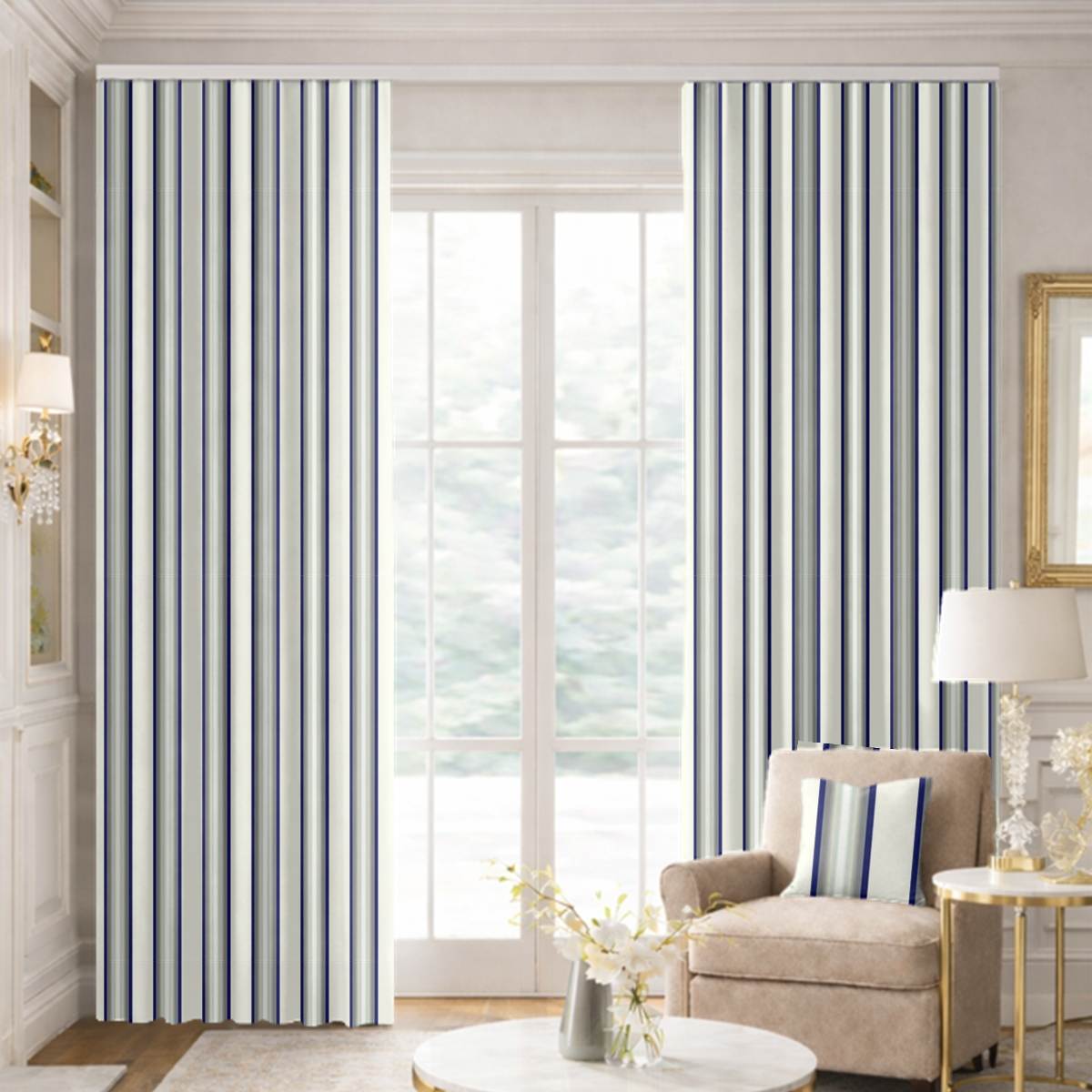 Custom Ripple Fold Drapes in Premium Striped Taffeta Silk - Blue