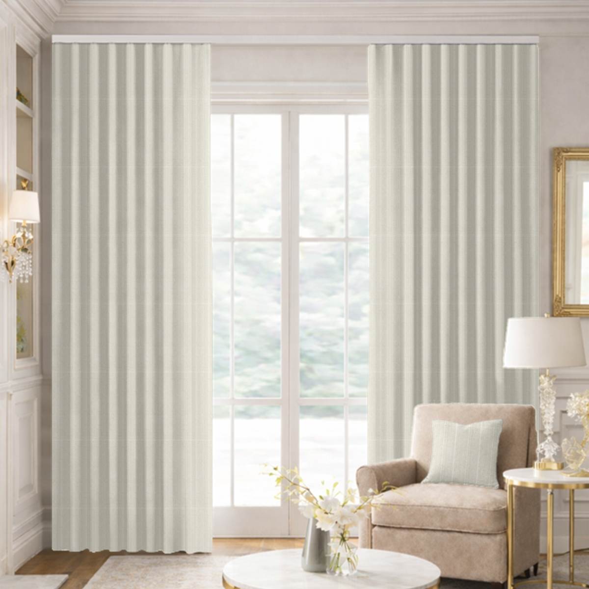 Custom Ripple Fold Drapes in Abiti White Linen