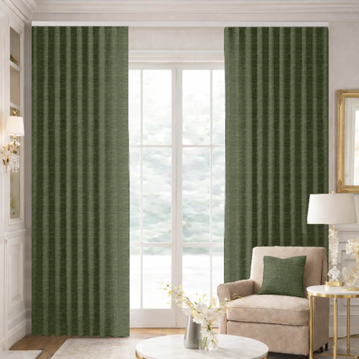 Custom Ripple Fold Drapes in Premium Raw Silk Green