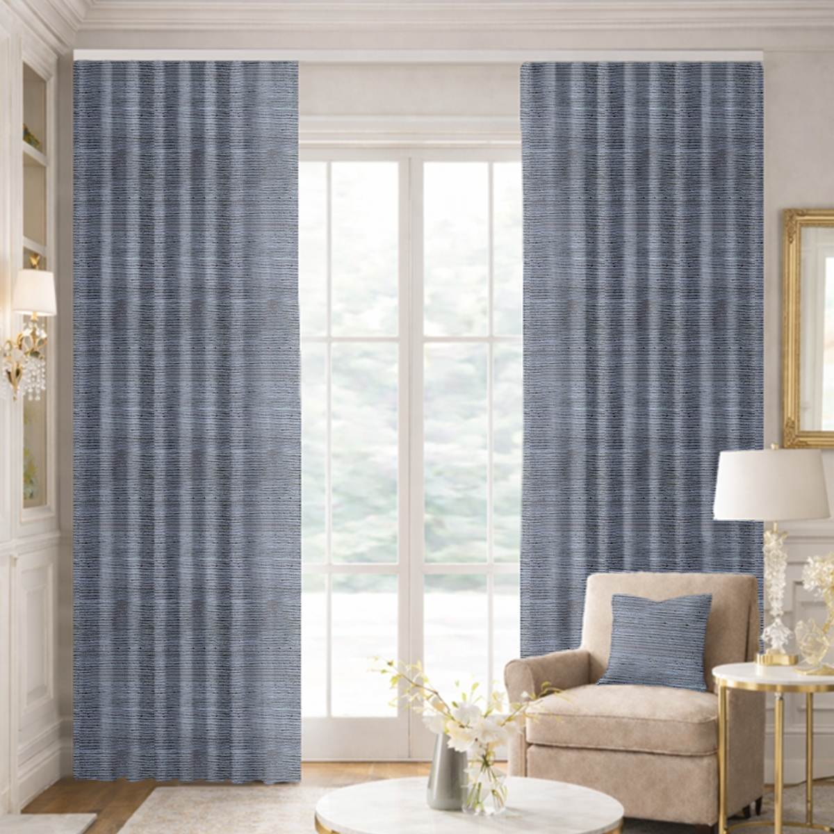 Custom Ripple Fold Drapes in Premium Raw Silk Sky
