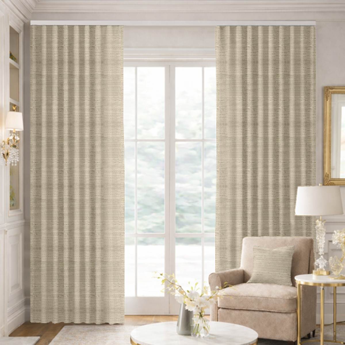 Custom Ripple Fold Drapes in Premium Raw Silk Beige