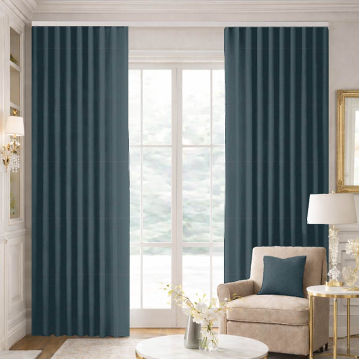 Custom Ripple Fold Drapes in Woven Cotton - Deep Sea Blue