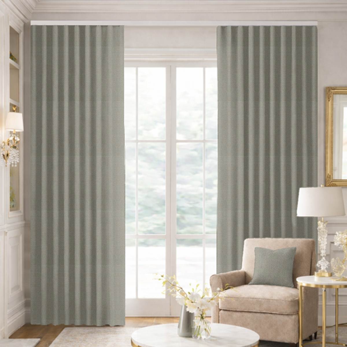Custom Ripple Fold Drapes in Woven Cotton - Stone Grey