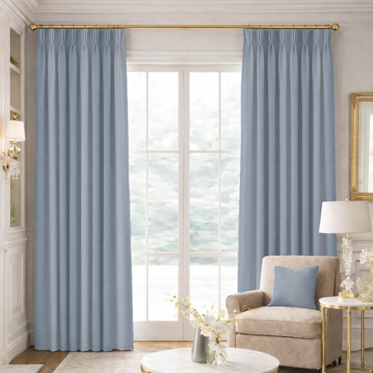 Custom Pinch Pleat Drapes in Premium Silk Dupioni - Steel Blue