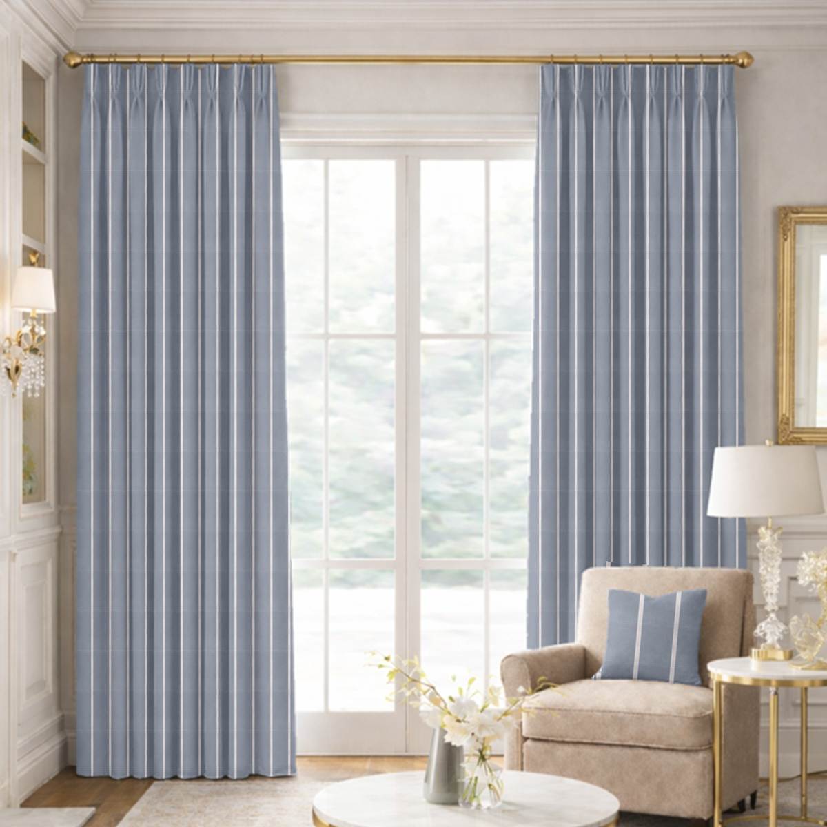 Custom Pinch Pleat Drapes in Premium Taffeta Silk with Satin Stripe - Slate