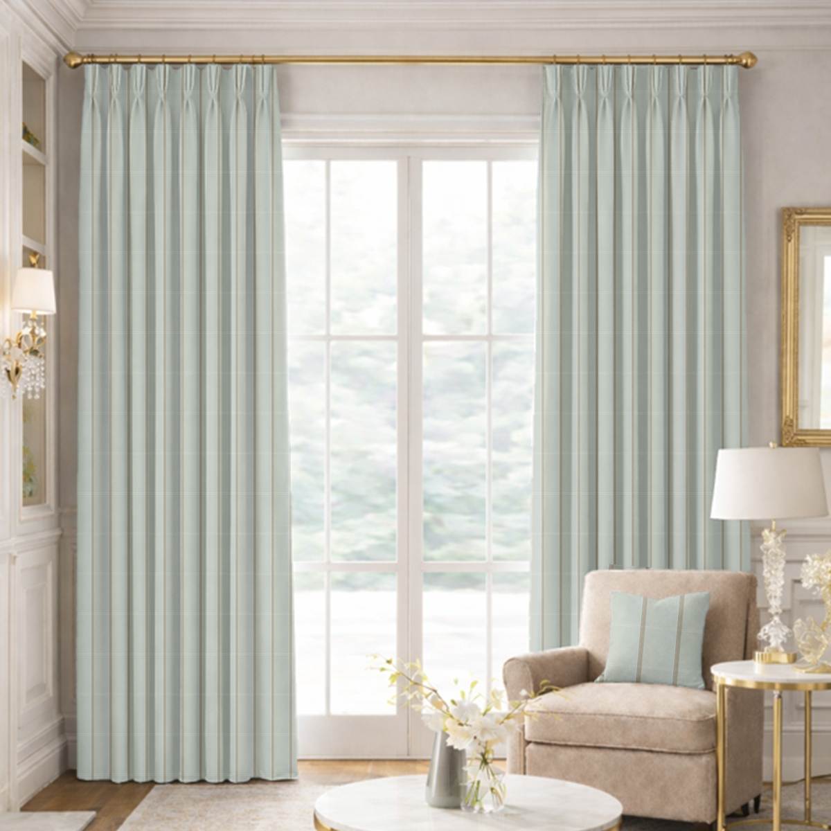 Custom Pinch Pleat Drapes in Premium Taffeta Silk with Satin Stripe - Spa