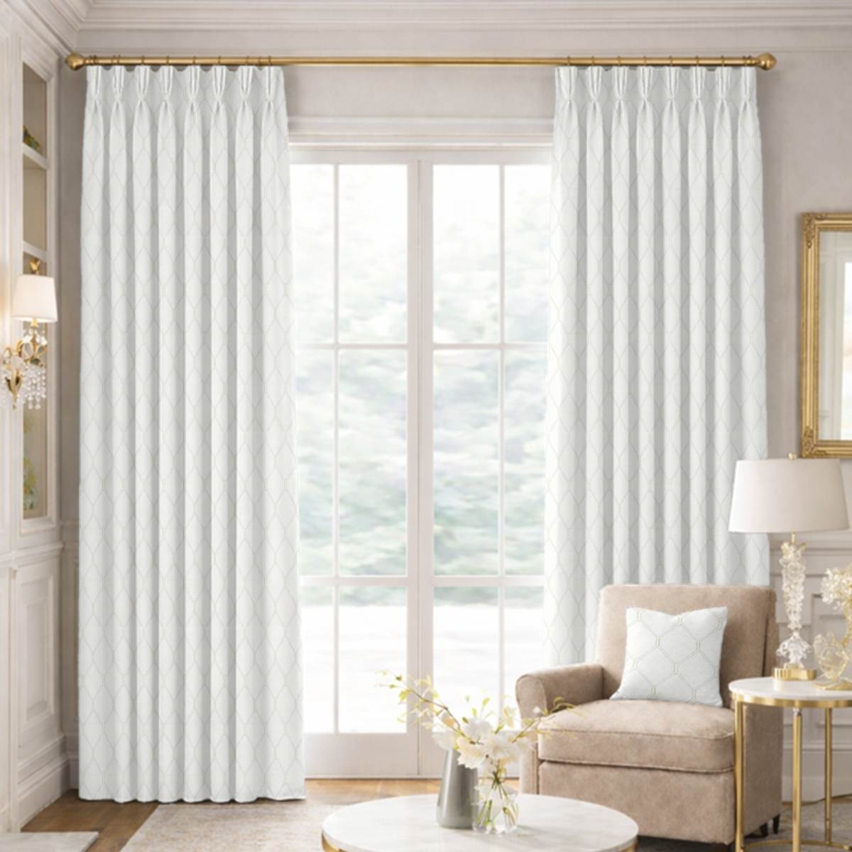Custom Pinch Pleat Drapes in Rialto -White